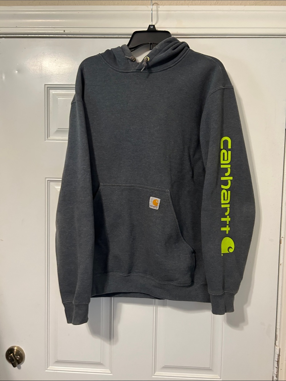 Carhartt Dark Gray Hoodie with Neon Lime Sleeve Logo